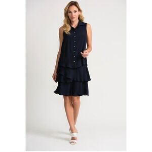 Joseph Ribkoff Navy Tiered Ruffle Sleeveless Dress Modest Button Cocktail 10/12